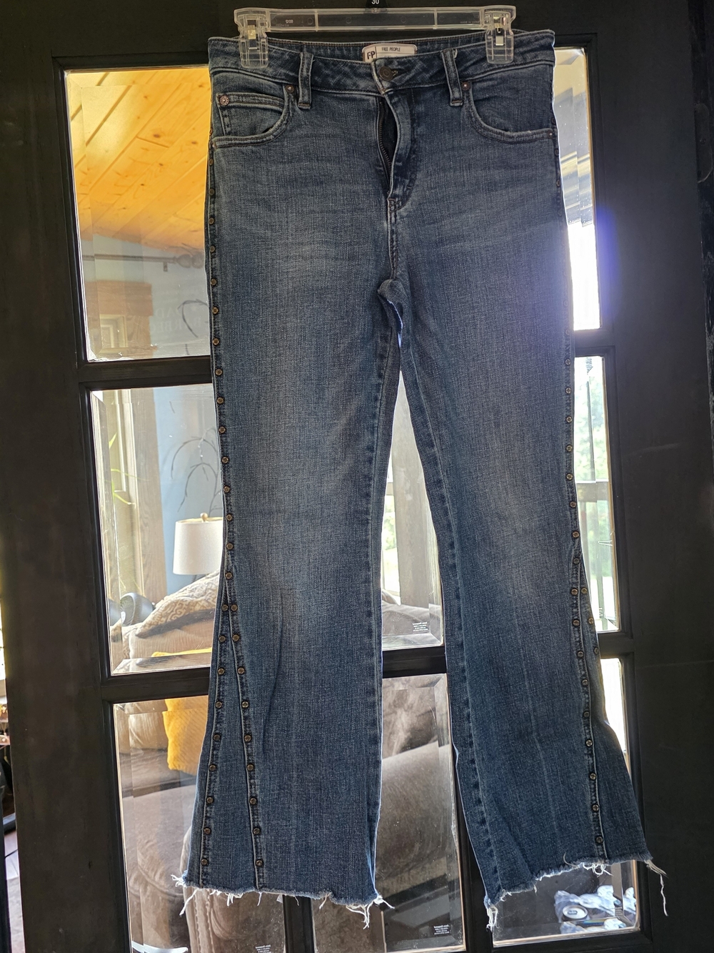 Free People Medium Blue Button-Trim Flare Jeans